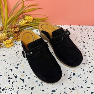 NEW Aetrex Black Madison Suede Adjustable Slip On Women’s Mules Clogs Sz 10